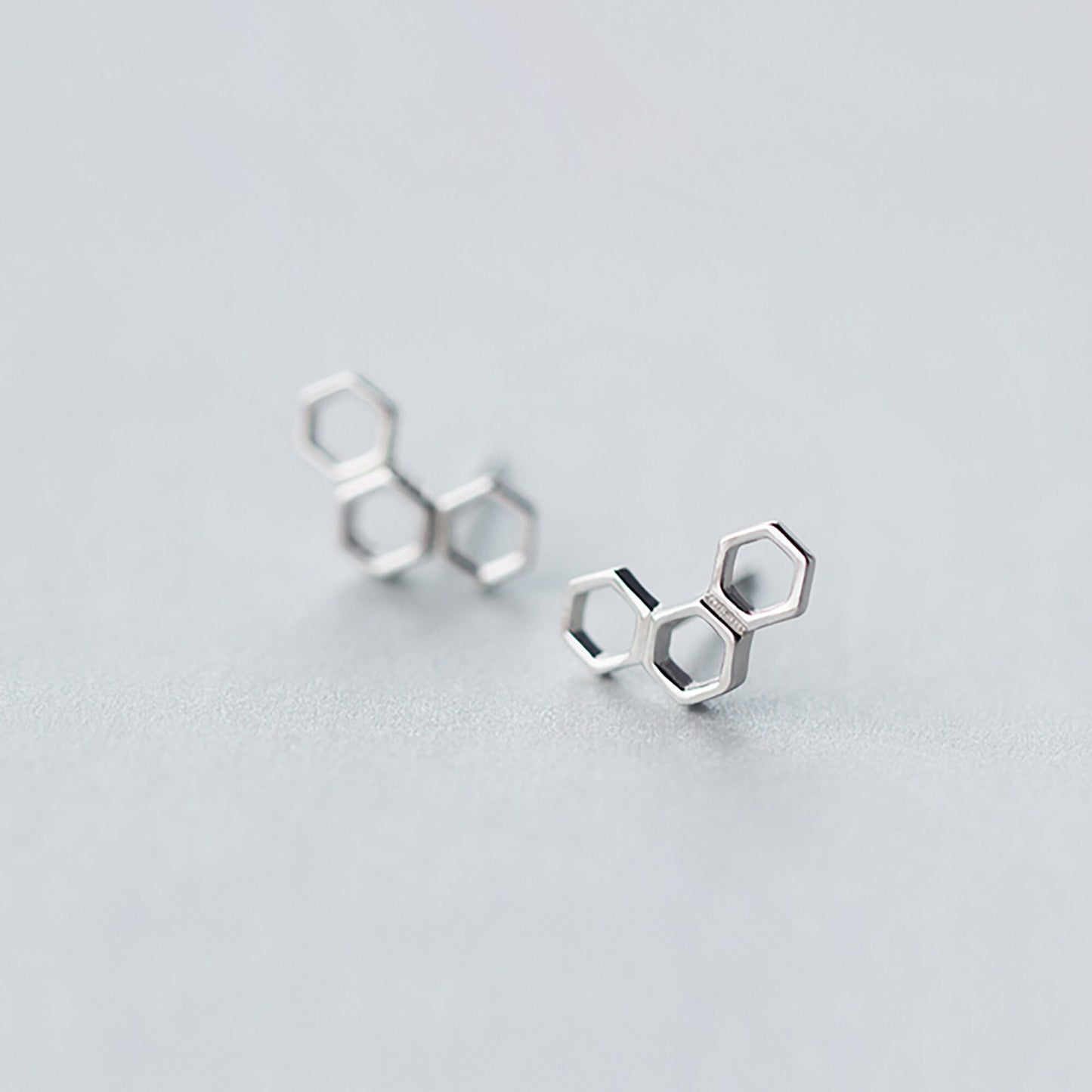 Sterling Silver Hexagon Trio Honeycomb Stud Earrings