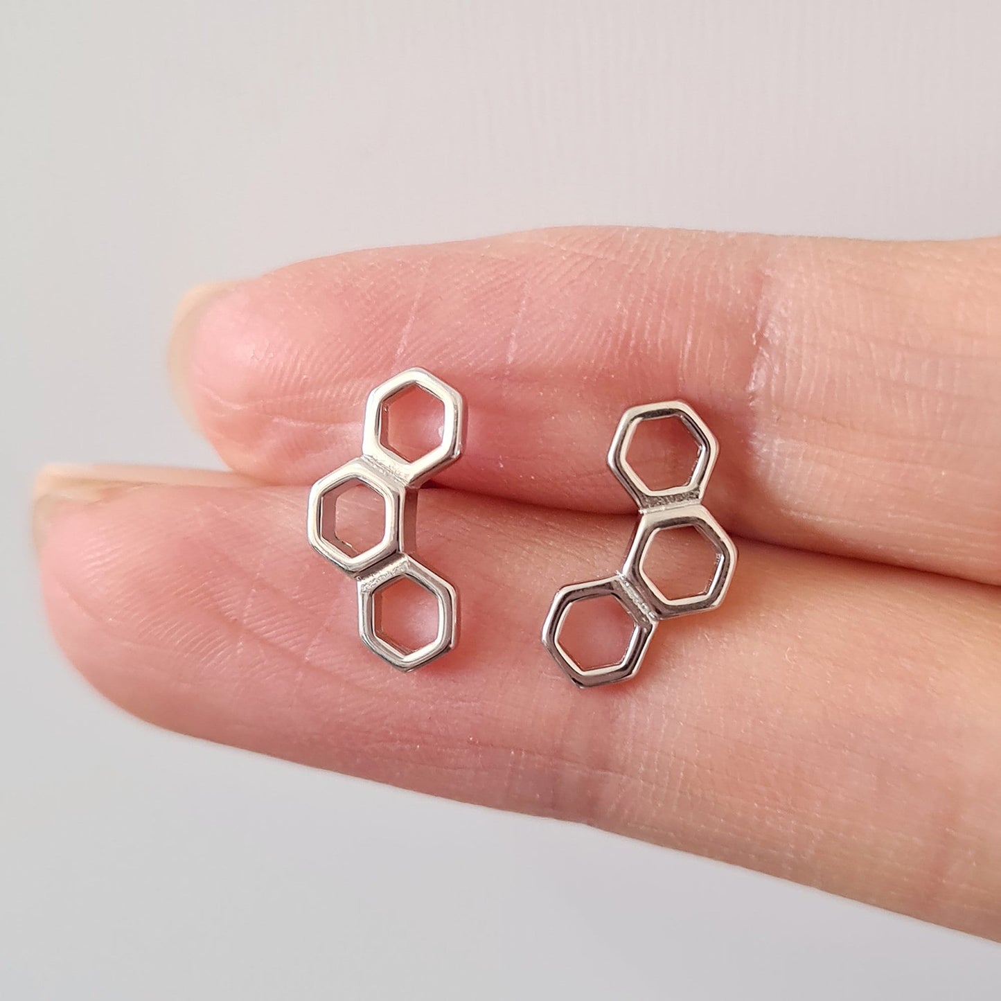 Sterling Silver Hexagon Trio Honeycomb Stud Earrings