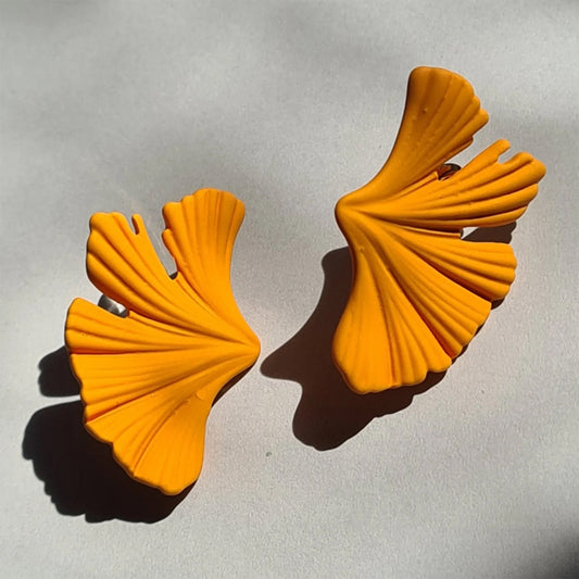 Orange 3D Large Gingko Leaf Stud Earrings Autumn Foliage