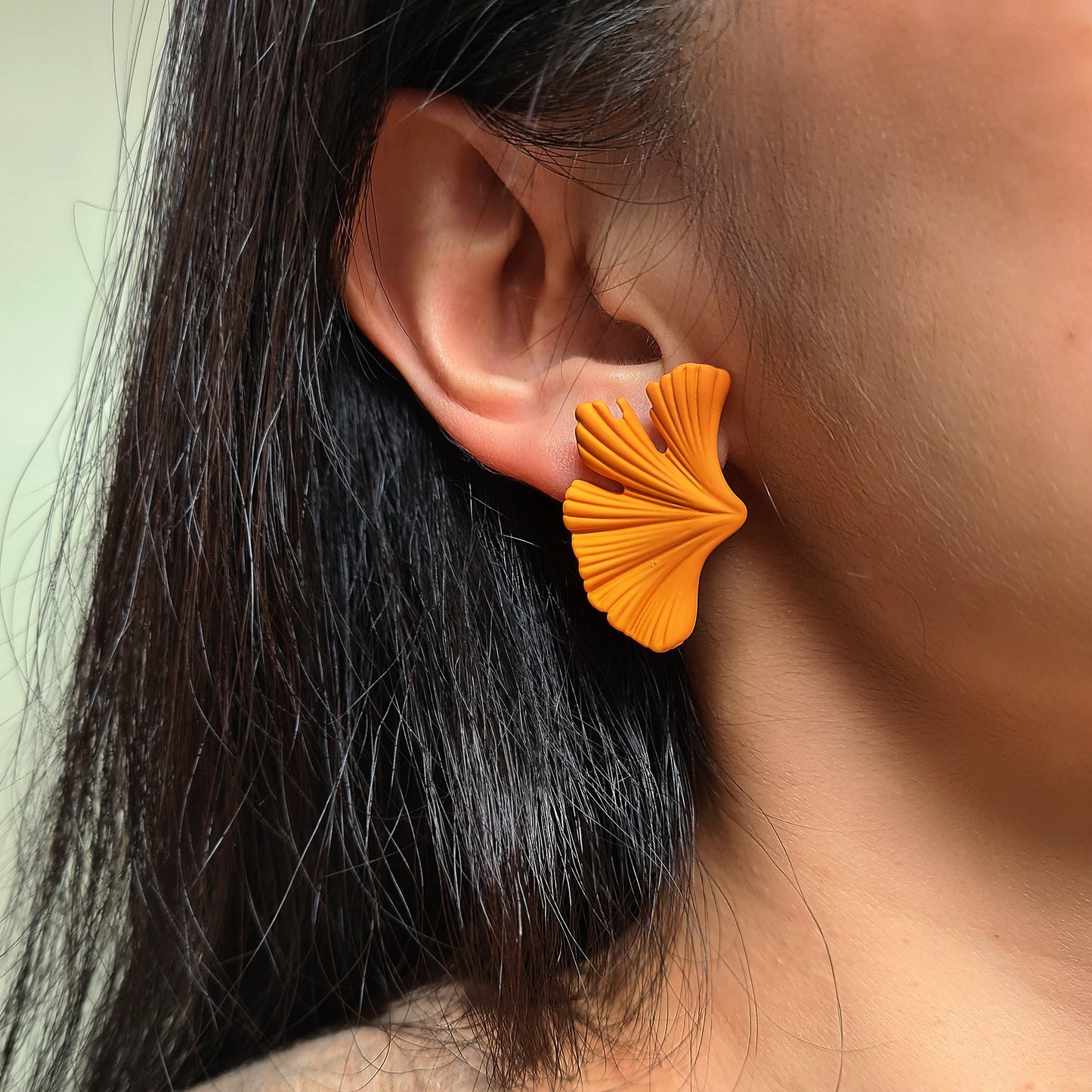 Orange 3D Large Gingko Leaf Stud Earrings Autumn Foliage