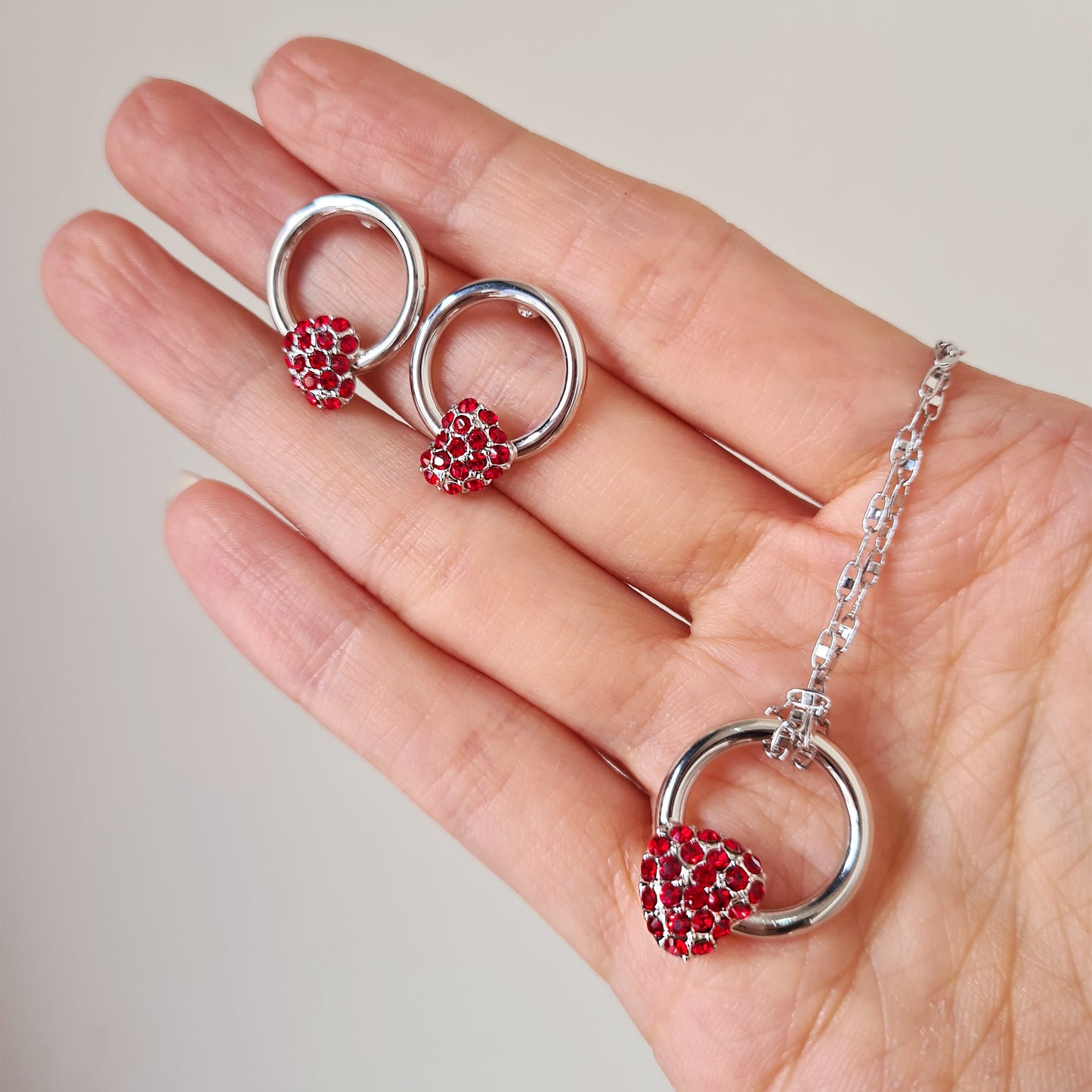 Red Bedazzled Heart Necklace and Earrings Jewellery Set