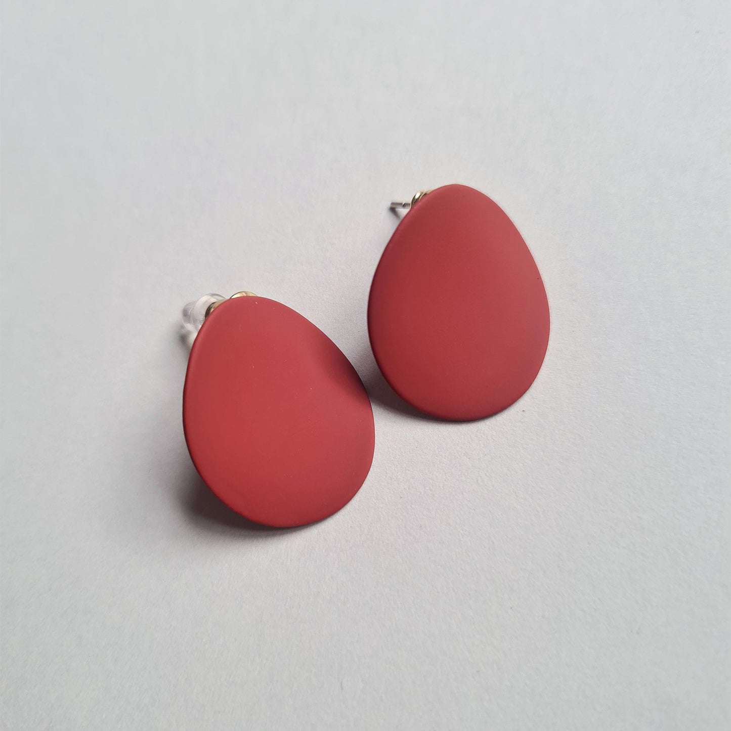 Dark Red Curved Teardrop Statement Stud Earrings