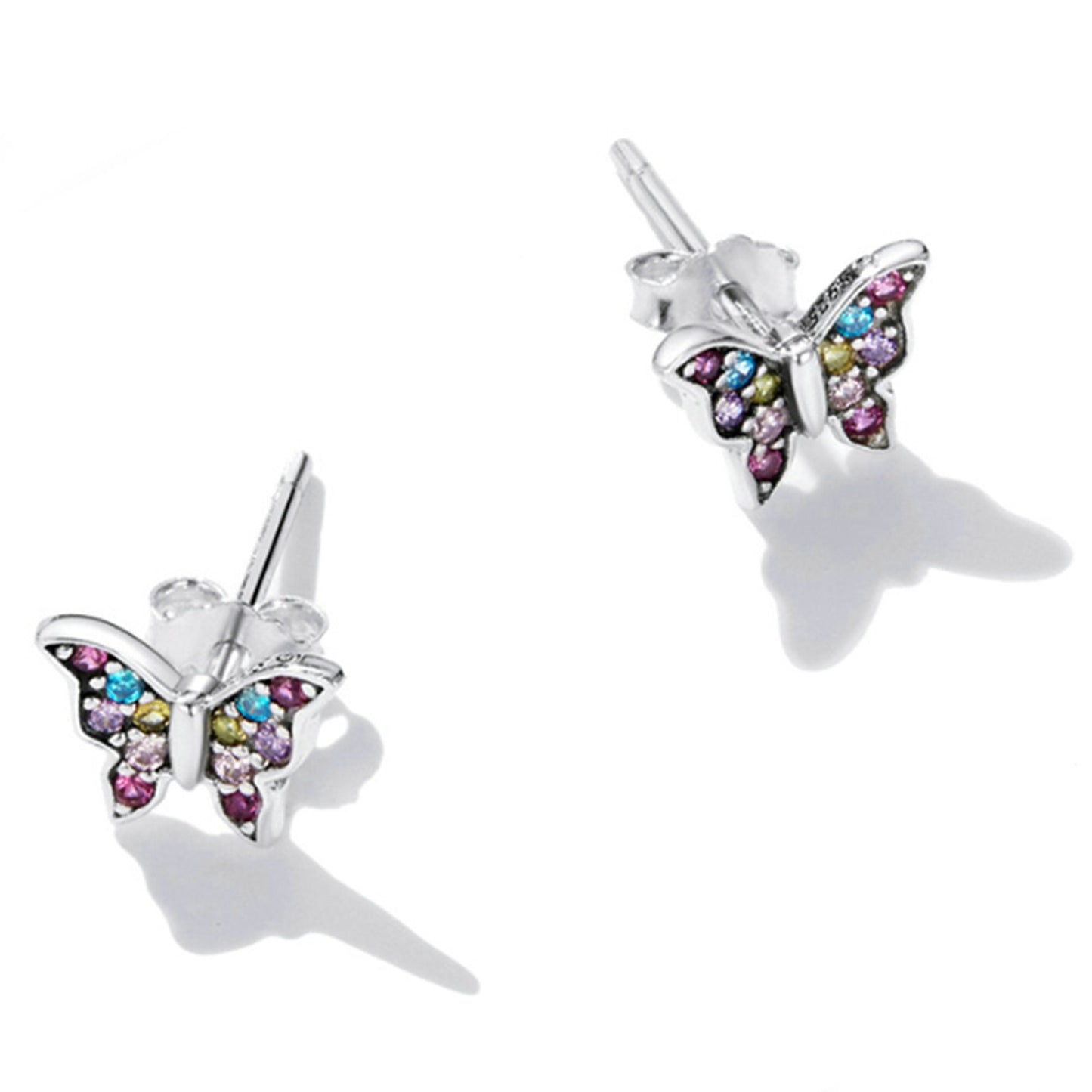 Mini Butterfly Sterling Silver Stud Earrings Girl Earrings with multiple Rainbow Rhinestones in Pink, Purple, Red