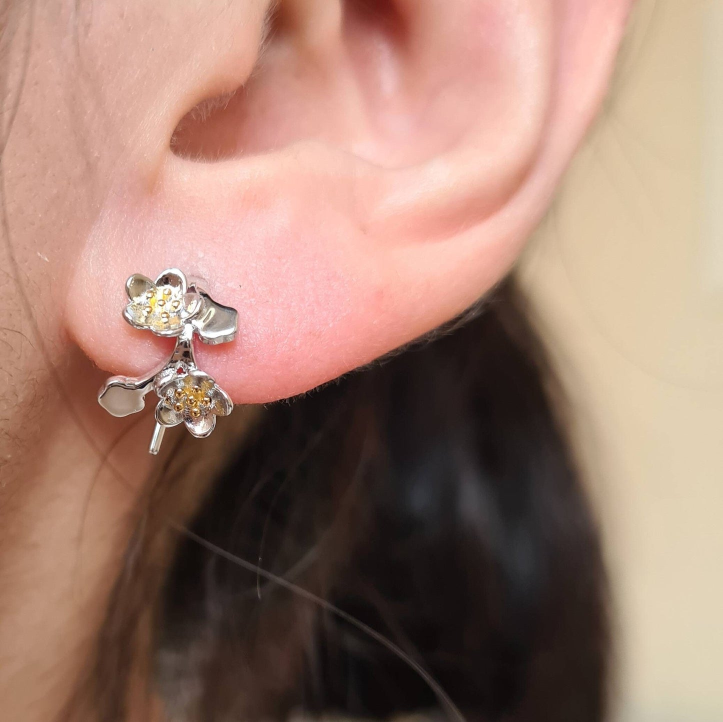 Plum Flower Blossom on Branch Sterling Silver Hoop Drop Earrings