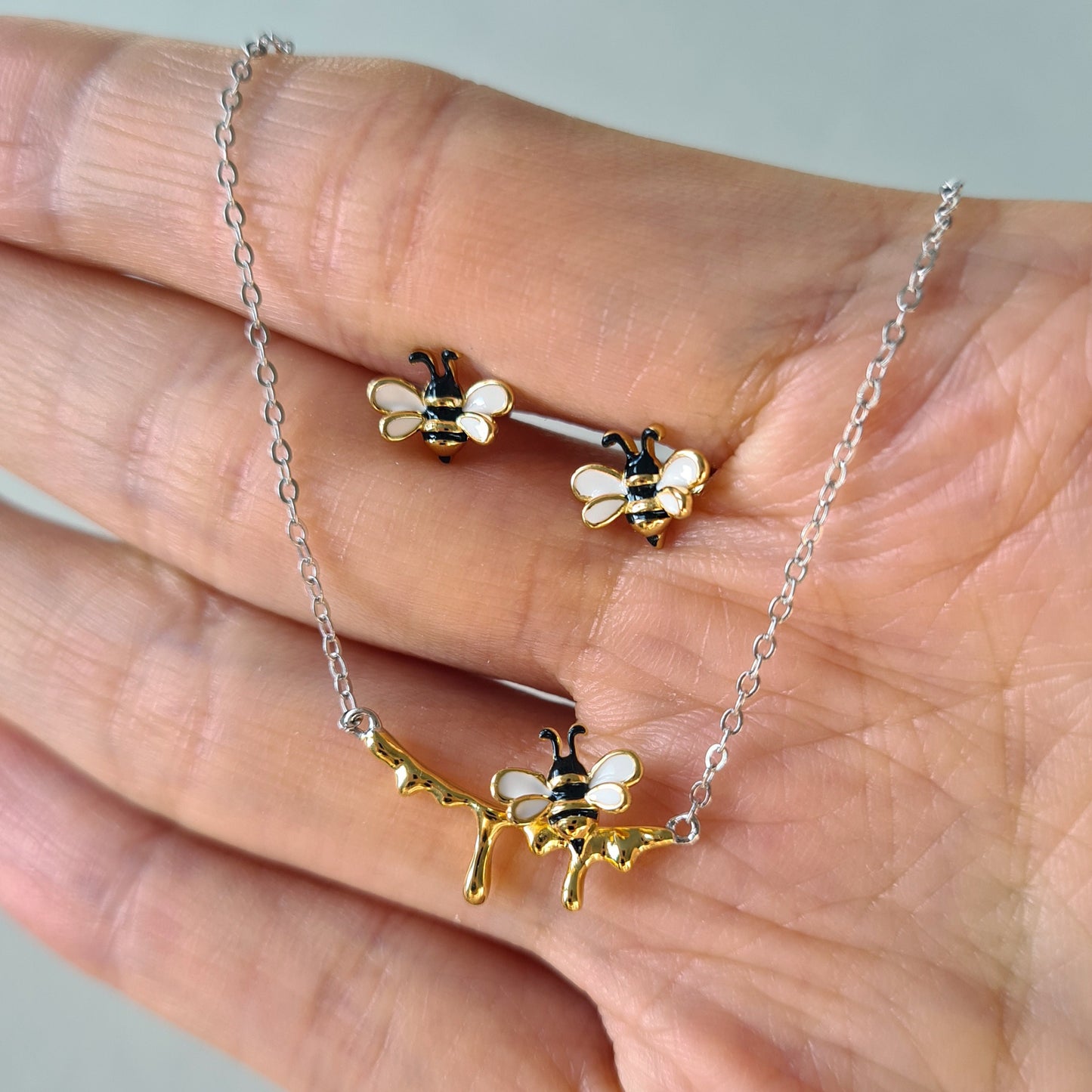 Dripping Honey Small Honeybee Sterling Silver Necklace Small Bee Silver Necklace Gold Vermeil Bee Earrings