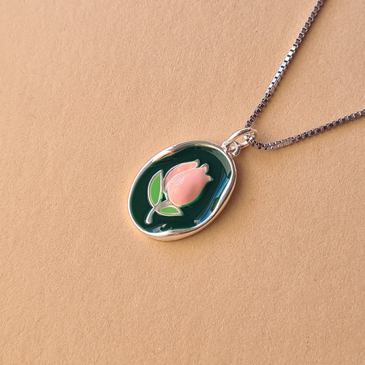 925 Sterling Silver Pebble Oval Nugget Hand Painted Enamel Tulip Flower Necklace Pendant