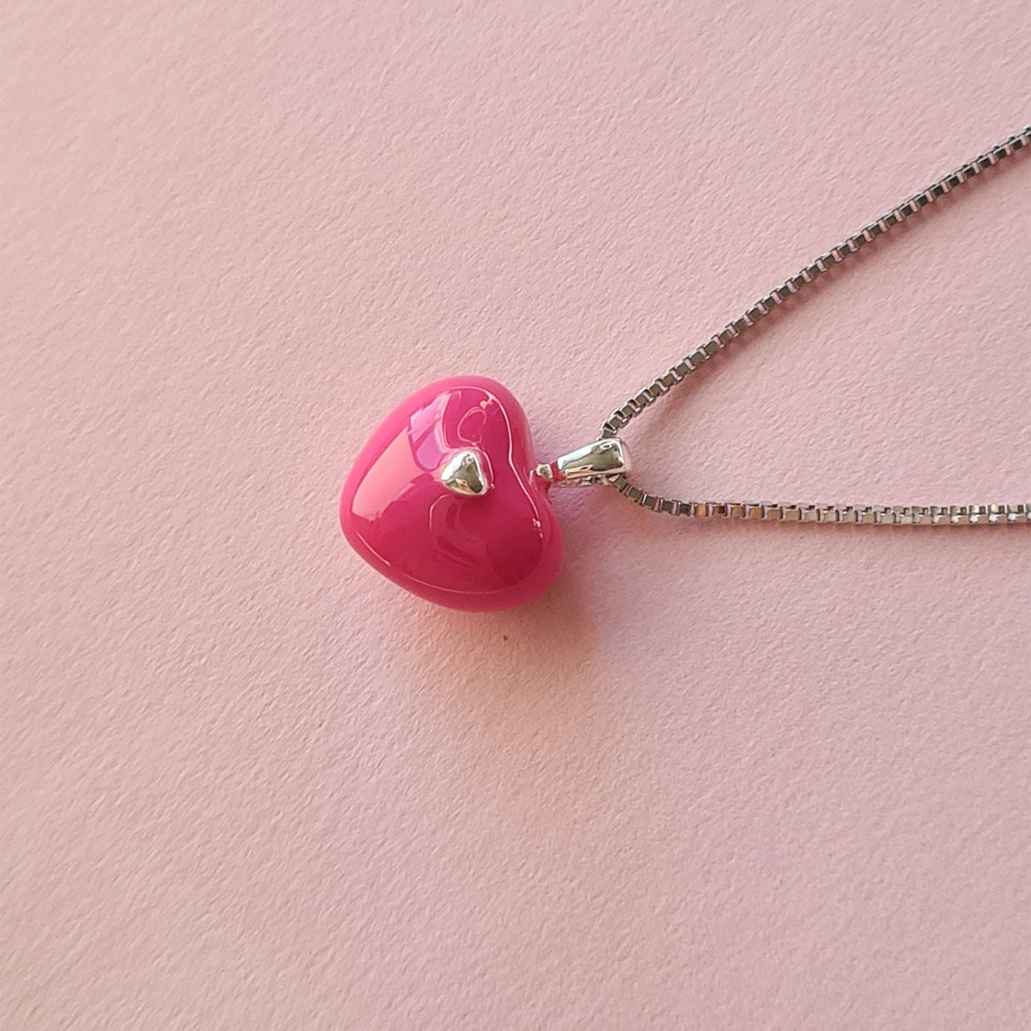 Bright Pink Enamel Silver Heart Necklace Love Heart Charm Pendant