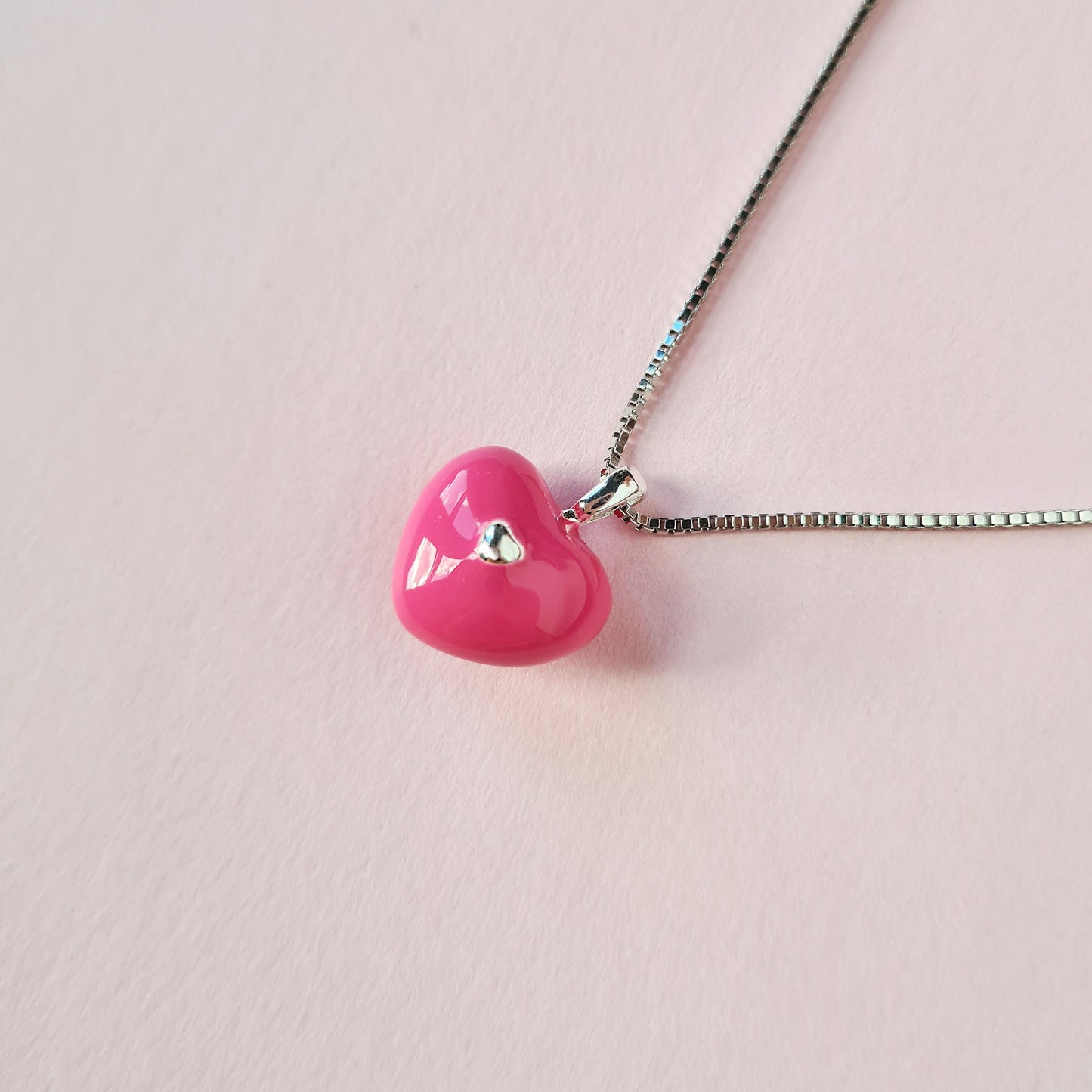 Bright Pink Enamel Silver Heart Necklace Love Heart Charm Pendant