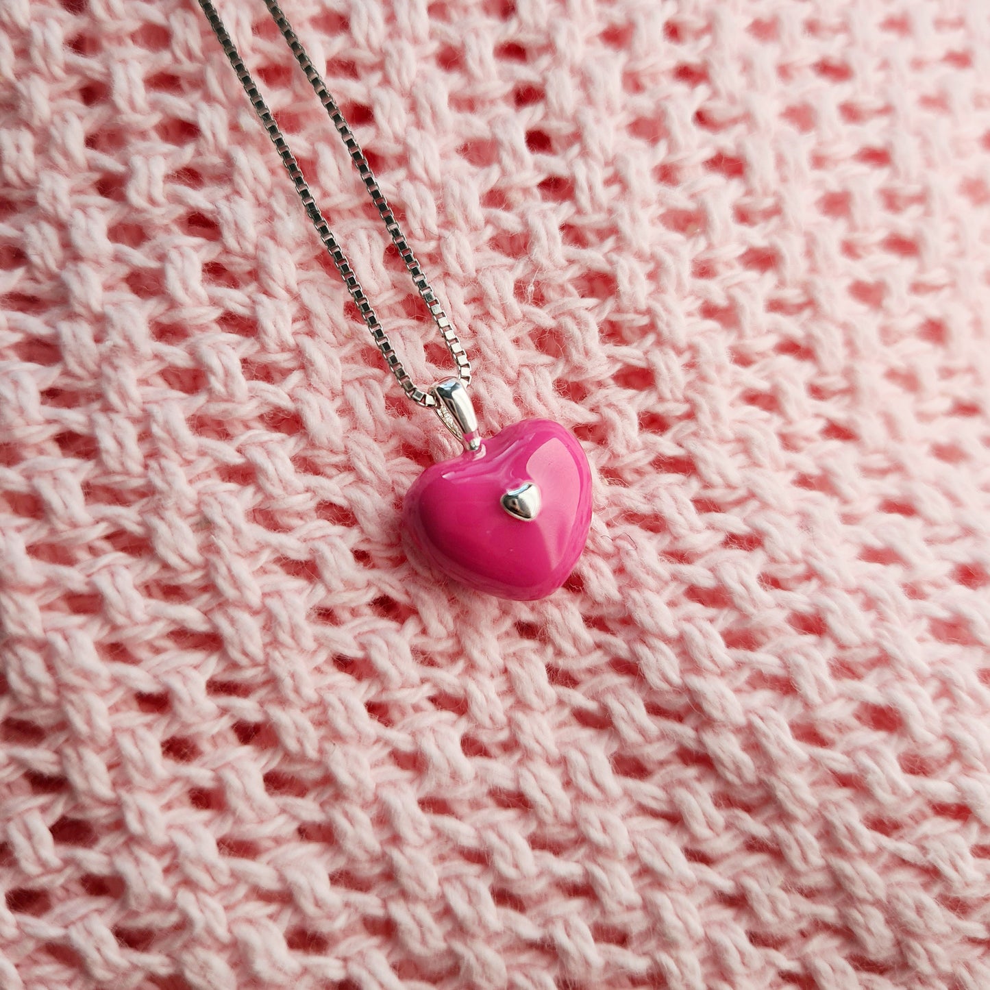 Bright Pink Enamel Silver Heart Necklace Love Heart Charm Pendant