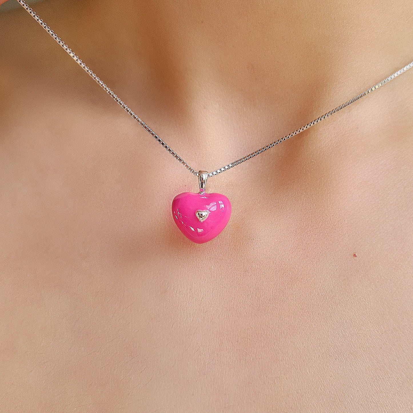 Bright Pink Enamel Heart Necklace