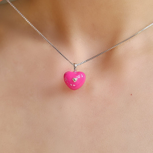 Bright Pink Enamel Silver Heart Necklace Love Heart Charm Pendant