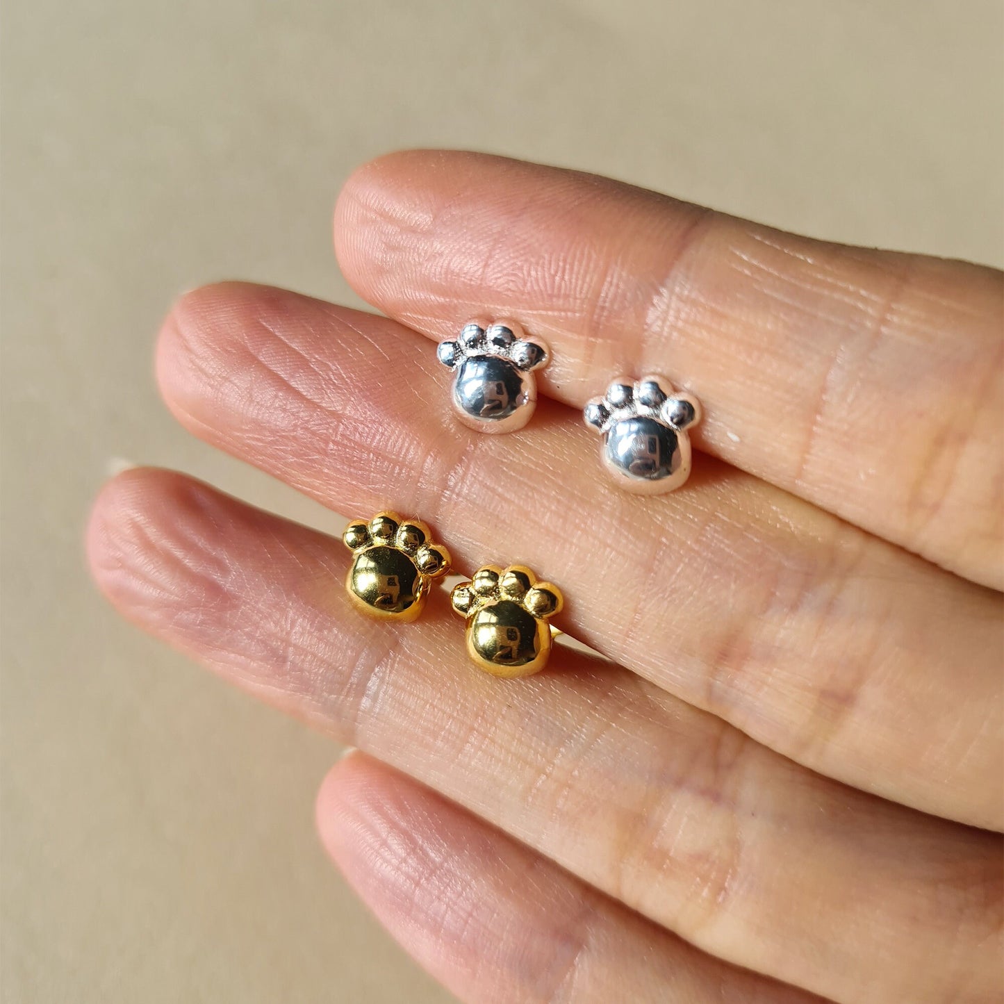 Cat Dog 3D Pawprint Sterling Silver Stud Earrings Animal Lover Birthday Gift Gold Plated Pawprint