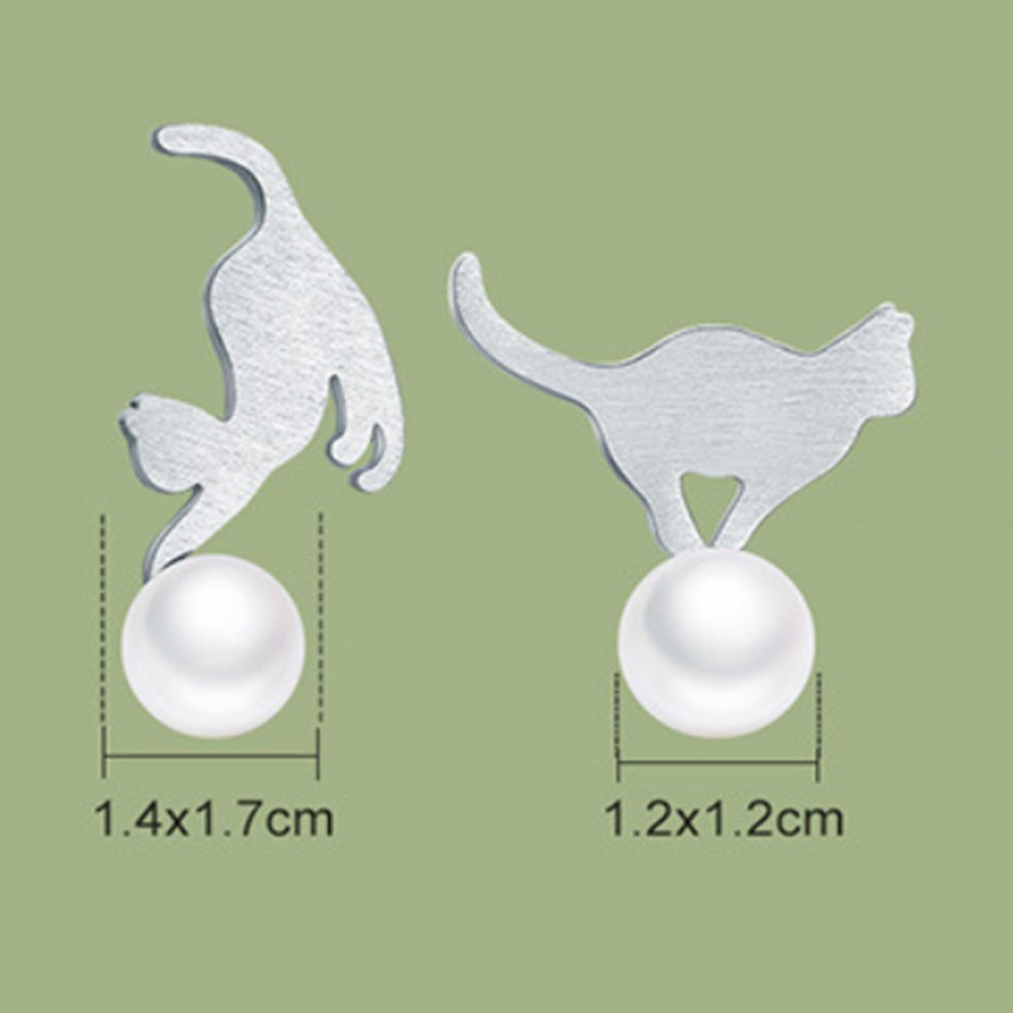 Playful Cats Mix Match Sterling Silver Cat Stud Earrings with Mother Shell Pearls Ball Kitten