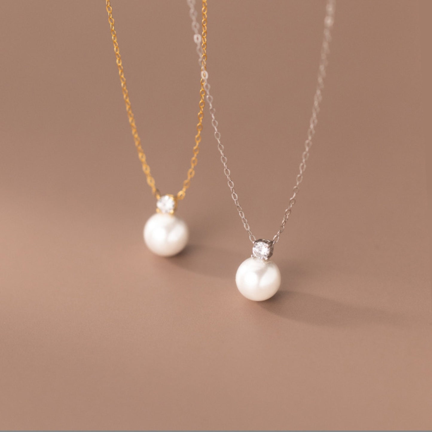 Sterling Silver Round Single Pearl Silver Fine Chain Necklace with Diamante Crystal Top