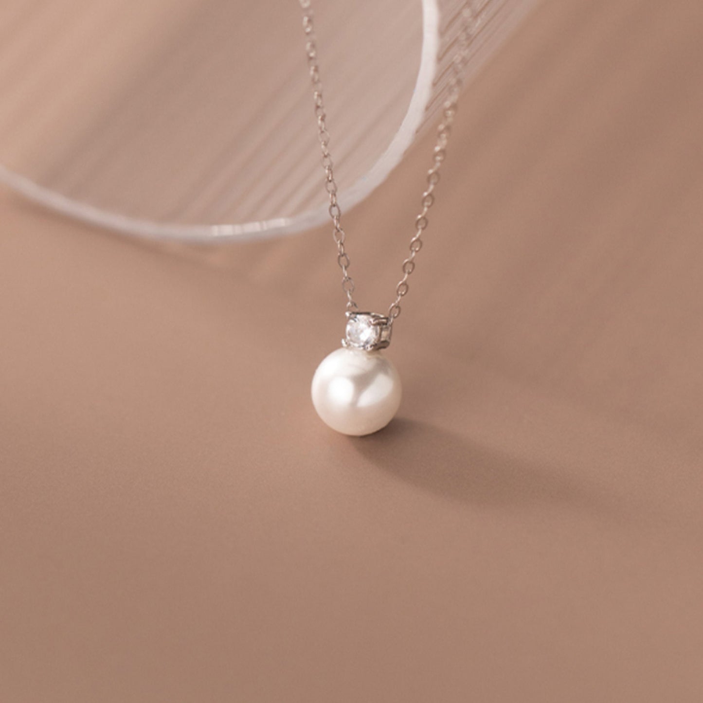 Sterling Silver Round Single Pearl Silver Fine Chain Necklace with Diamante Crystal Top