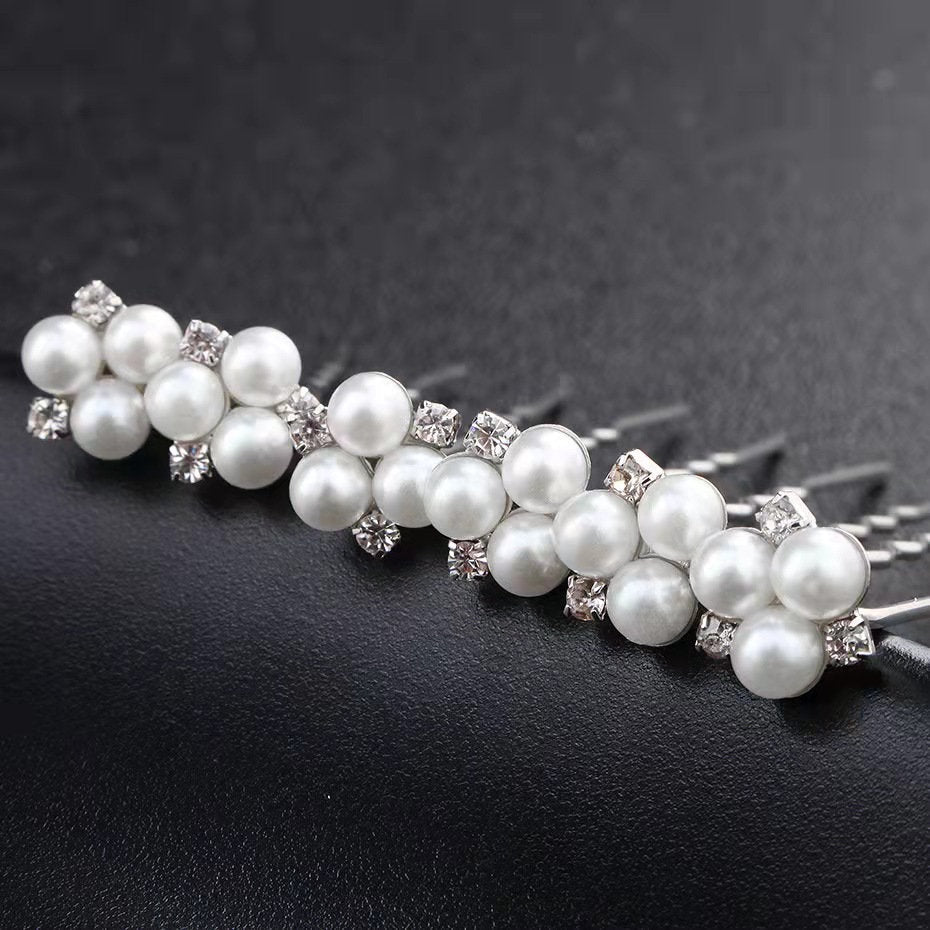 Ivory White Diamante Cluster Pearls Hair Pins Set of 6 Silver Plated Rose Gold Pearl Small Hair Pin Sets for Bridal Wedding Bridesmaids