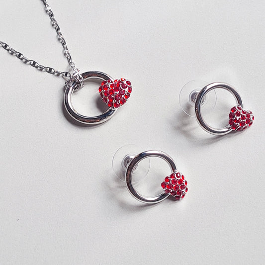 Red Bedazzled Heart Necklace and Earrings Jewellery Set