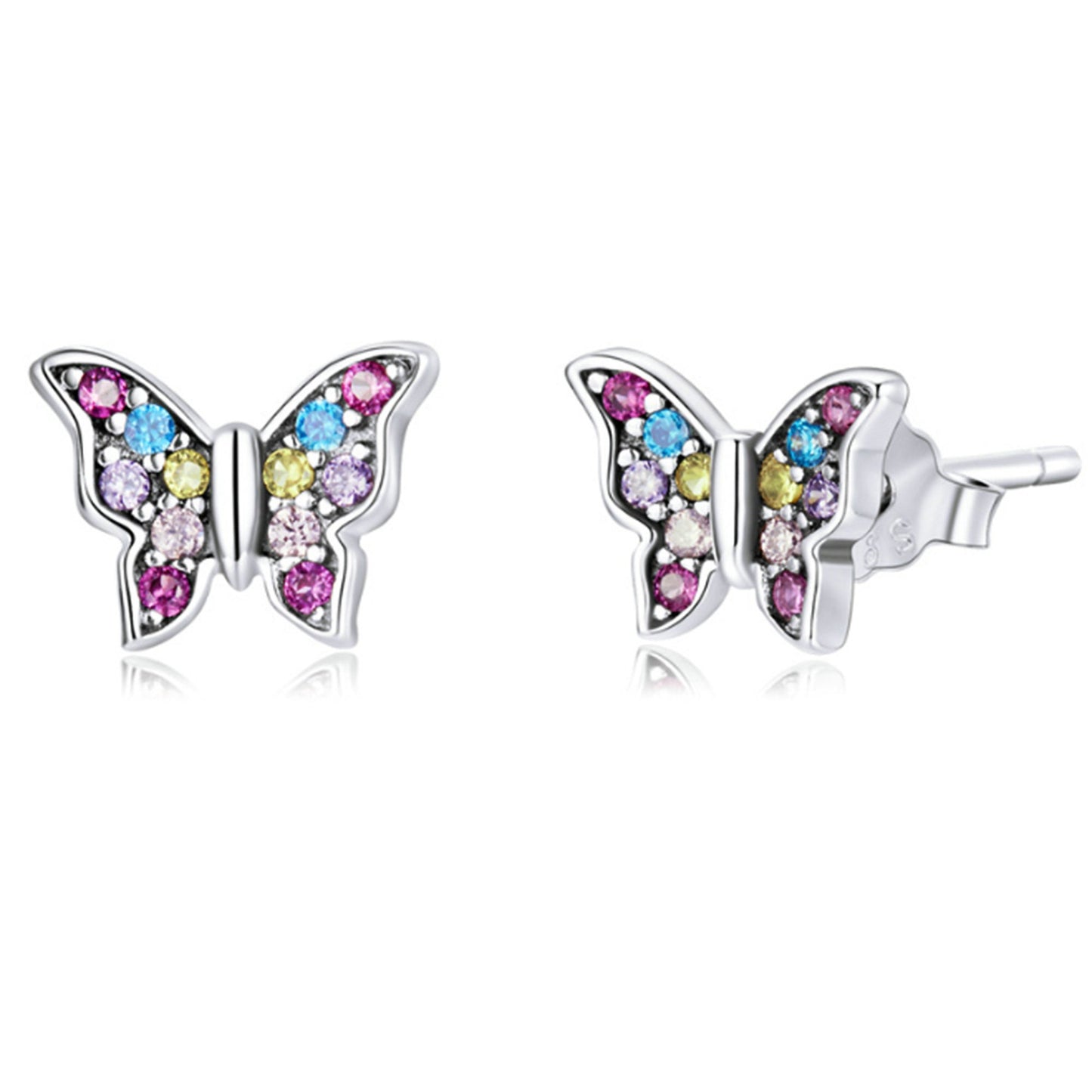 Mini Butterfly Sterling Silver Stud Earrings Girl Earrings with multiple Rainbow Rhinestones in Pink, Purple, Red