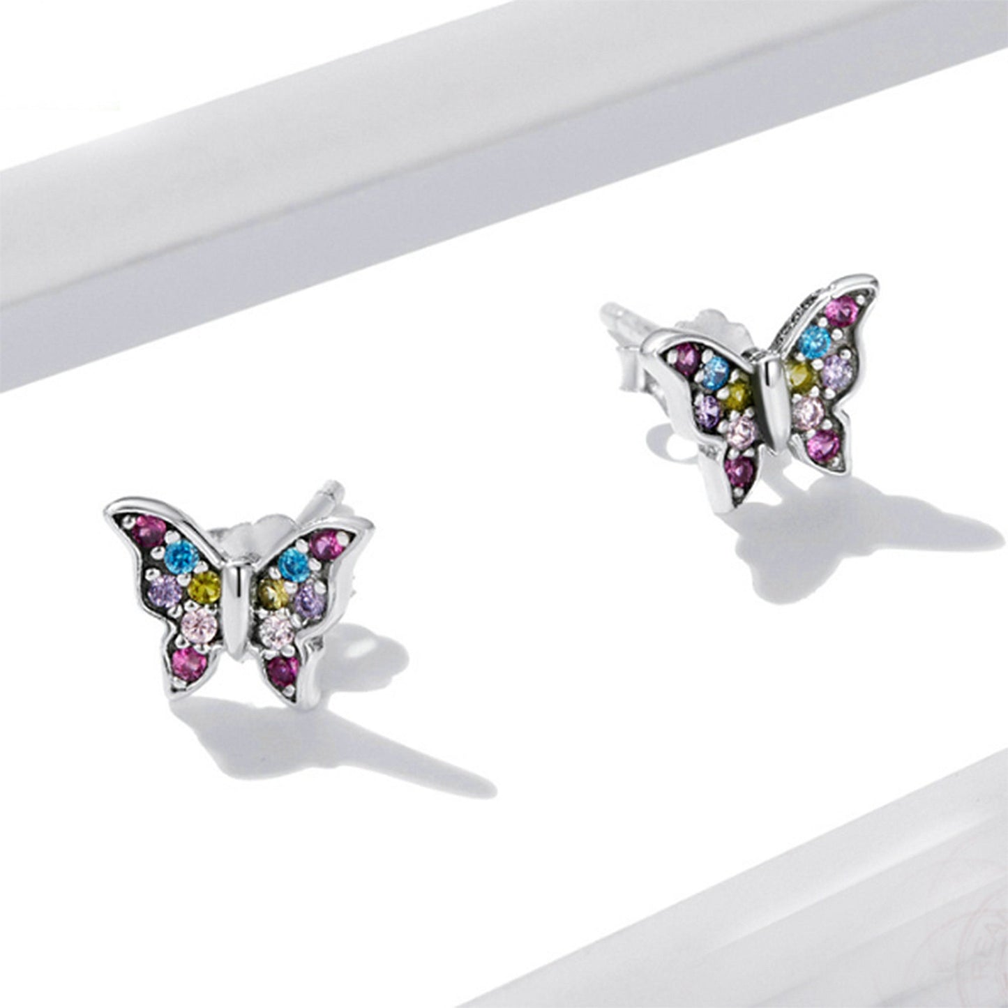 Mini Butterfly Sterling Silver Stud Earrings Girl Earrings with multiple Rainbow Rhinestones in Pink, Purple, Red