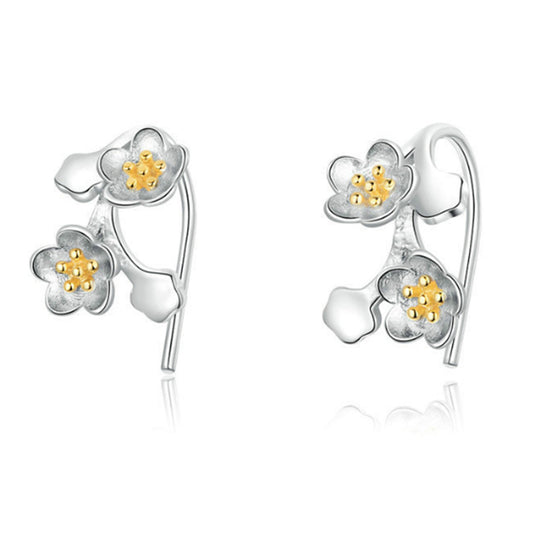 Plum Flower Blossom on Branch Sterling Silver Hoop Drop Earrings