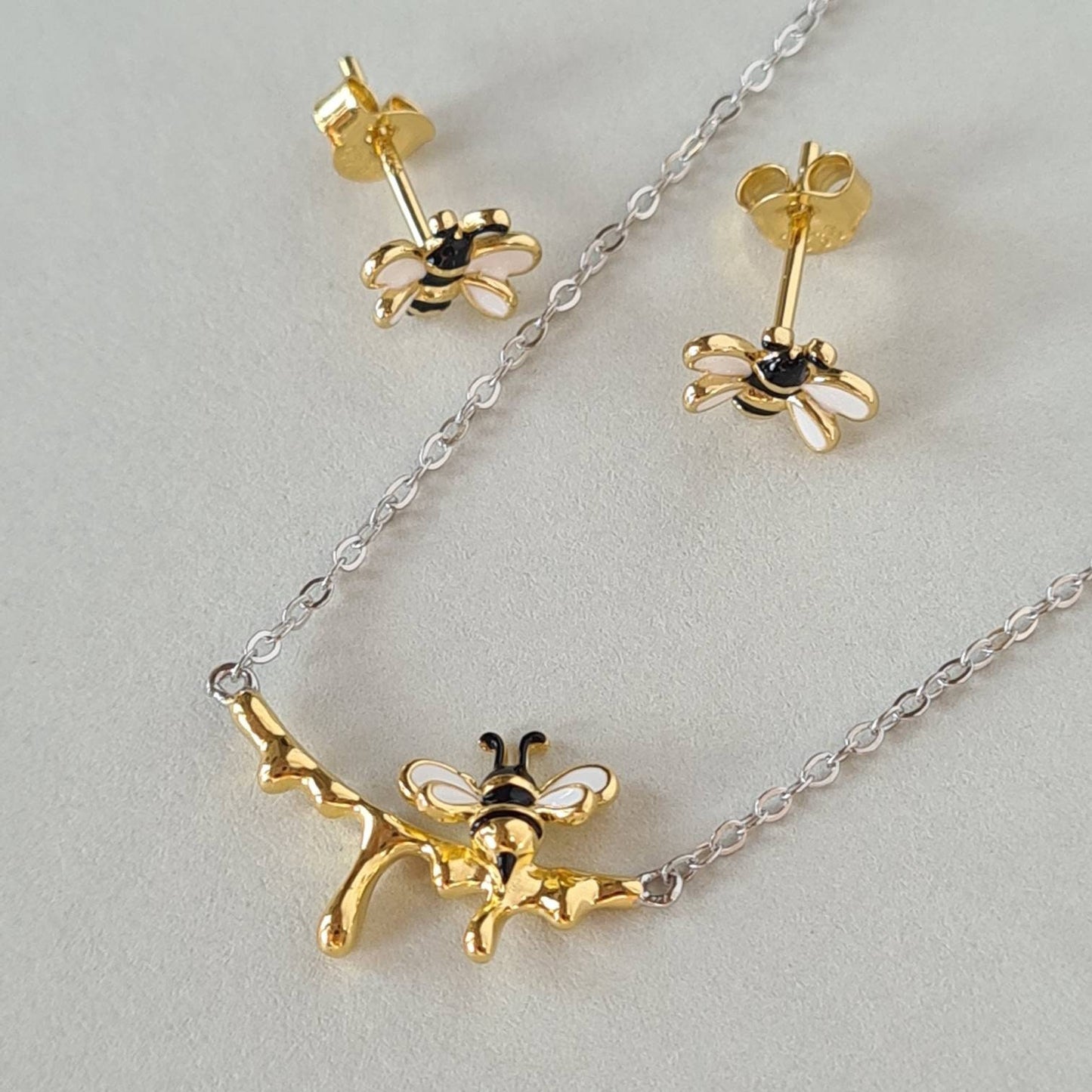 Dripping Honey Small Honeybee Sterling Silver Necklace Small Bee Silver Necklace Gold Vermeil Bee Earrings