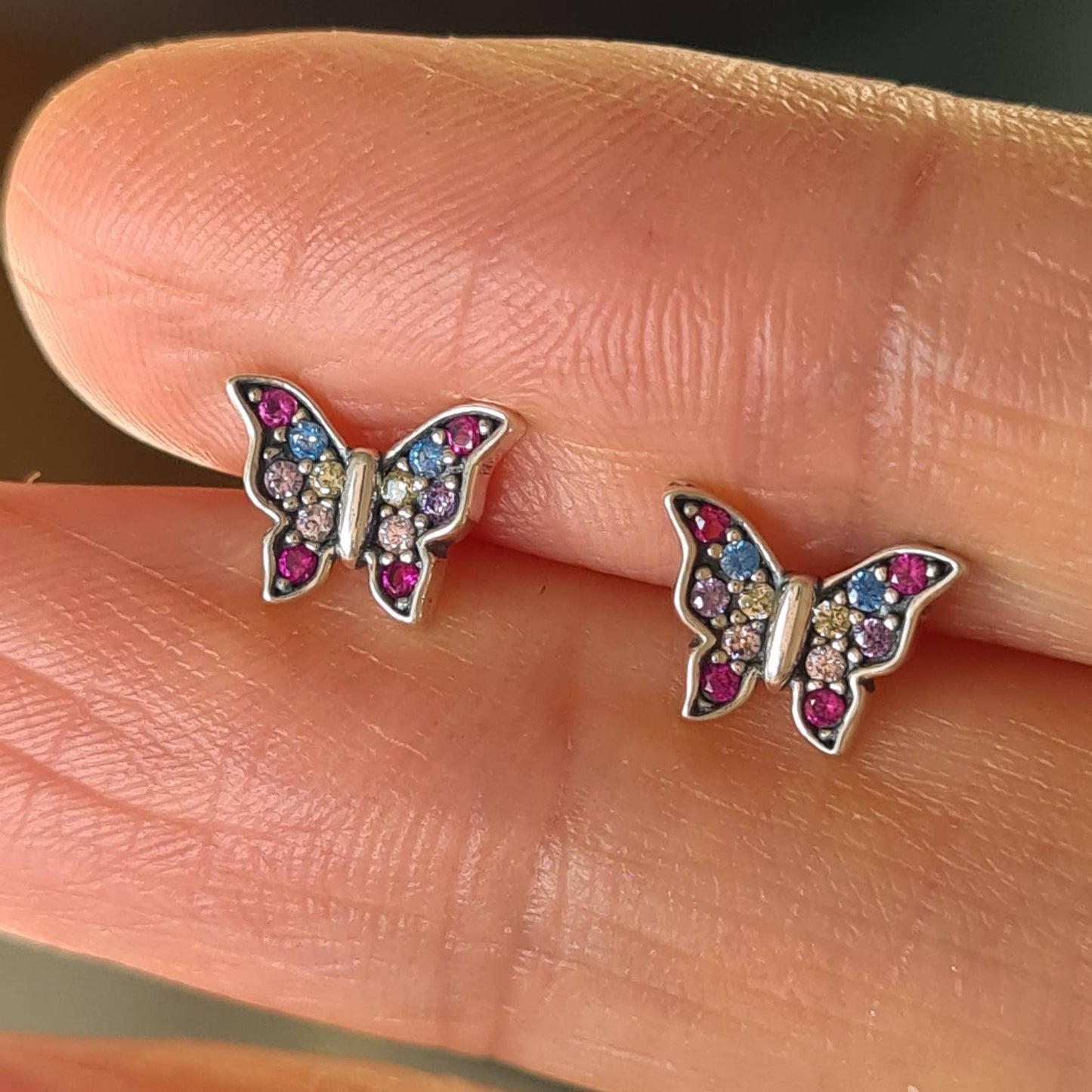 Mini Butterfly Sterling Silver Stud Earrings Girl Earrings with multiple Rainbow Rhinestones in Pink, Purple, Red