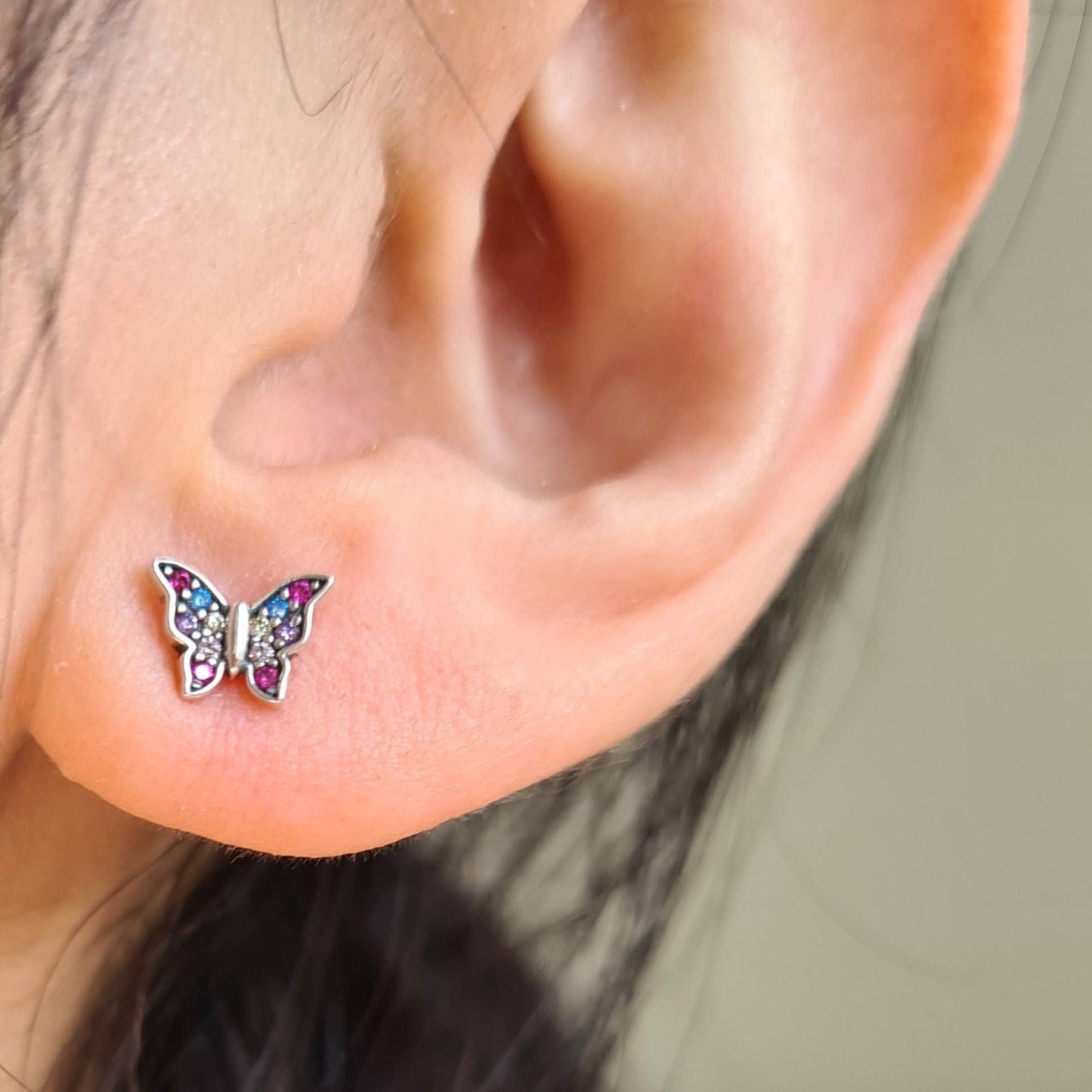 Mini Butterfly Sterling Silver Stud Earrings Girl Earrings with multiple Rainbow Rhinestones in Pink, Purple, Red