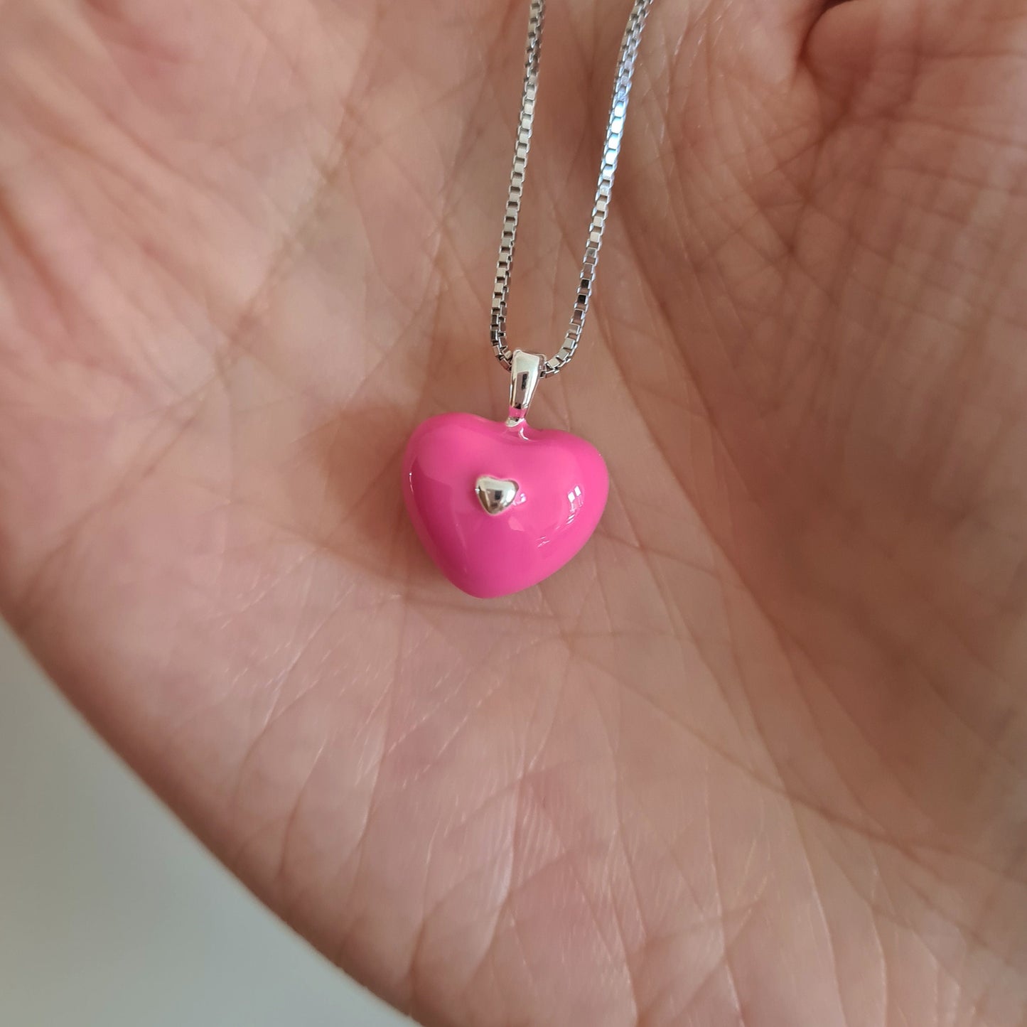 Bright Pink Enamel Silver Heart Necklace Love Heart Charm Pendant