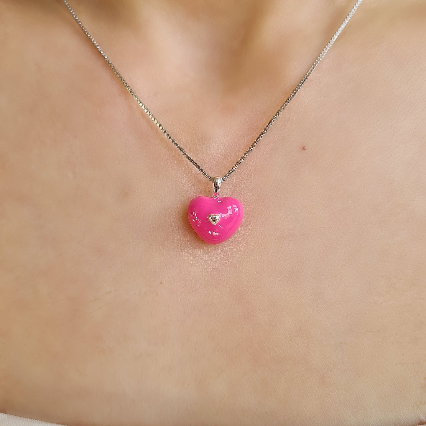 Bright Pink Enamel Heart Necklace