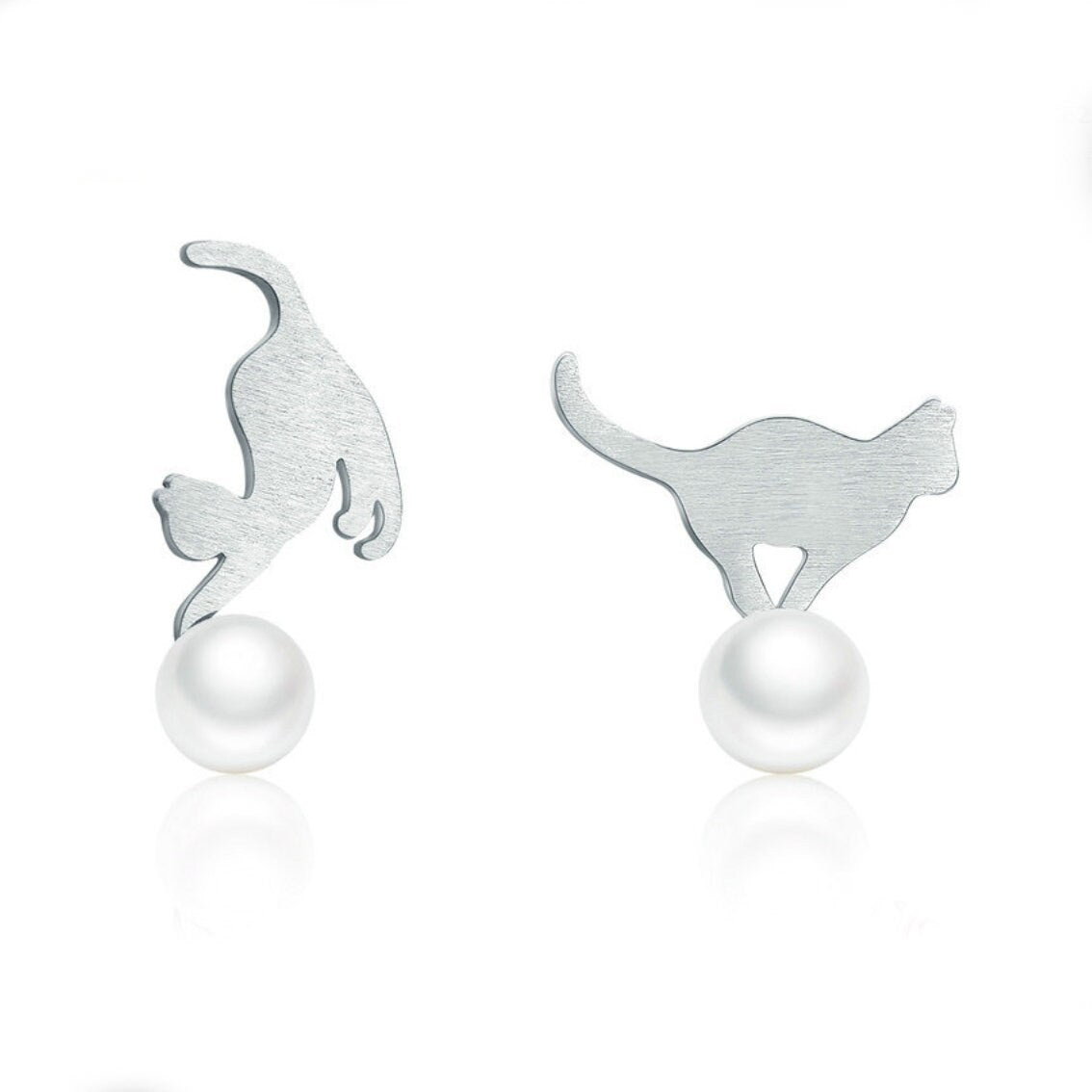 Playful Cats Mix Match Sterling Silver Cat Stud Earrings with Mother Shell Pearls Ball Kitten