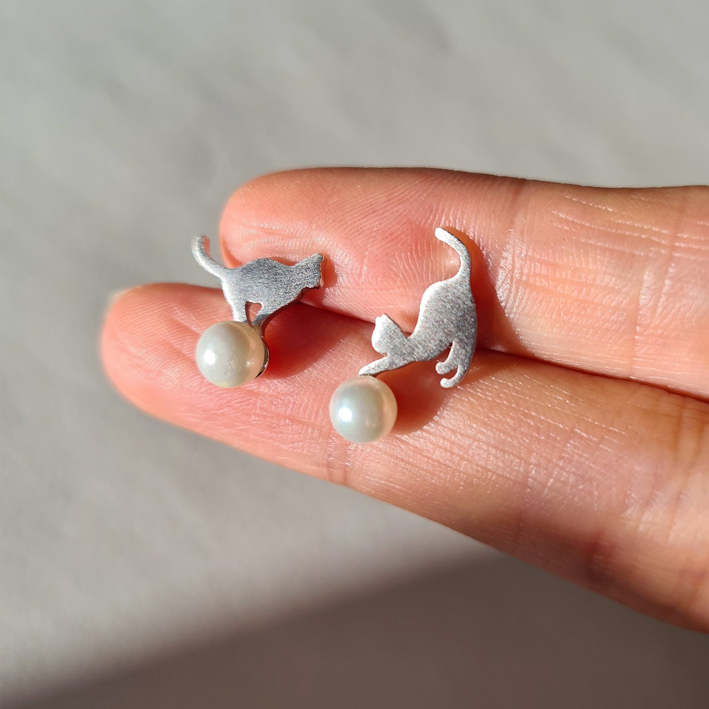 Playful Cats Mix Match Sterling Silver Cat Stud Earrings with Mother Shell Pearls Ball Kitten