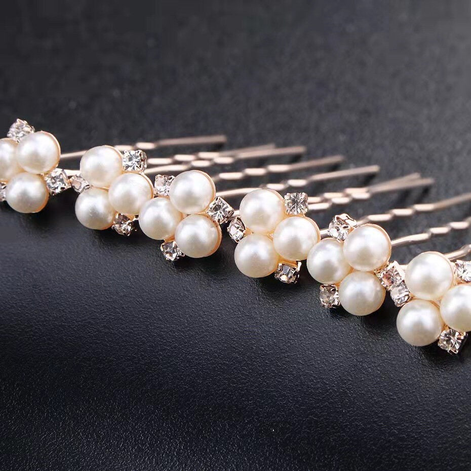 Ivory White Diamante Cluster Pearls Hair Pins Set of 6 Silver Plated Rose Gold Pearl Small Hair Pin Sets for Bridal Wedding Bridesmaids