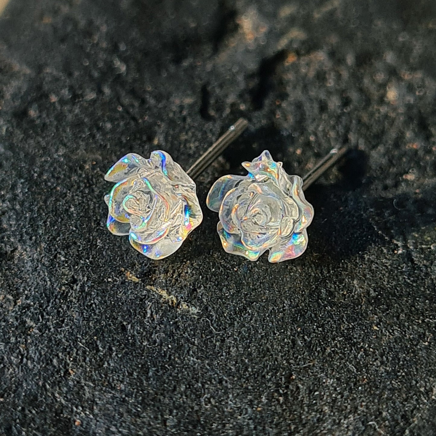 Small 925 Sterling Silver 6mm AB Rainbow Small Rose Flower Stud Earrings