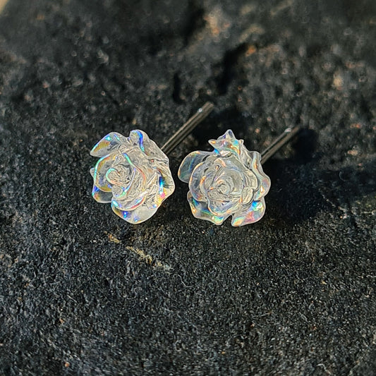 Small 925 Sterling Silver 6mm AB Rainbow Small Rose Flower Stud Earrings