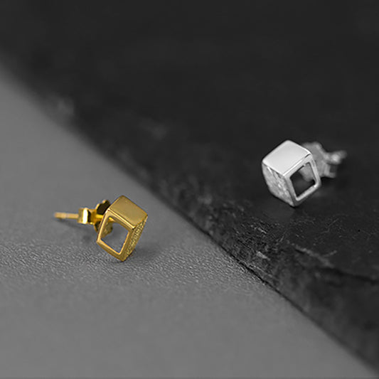 3D Mini Cube Sterling Silver Studs Earrings Gold plated Cube 3D Optical Illusion