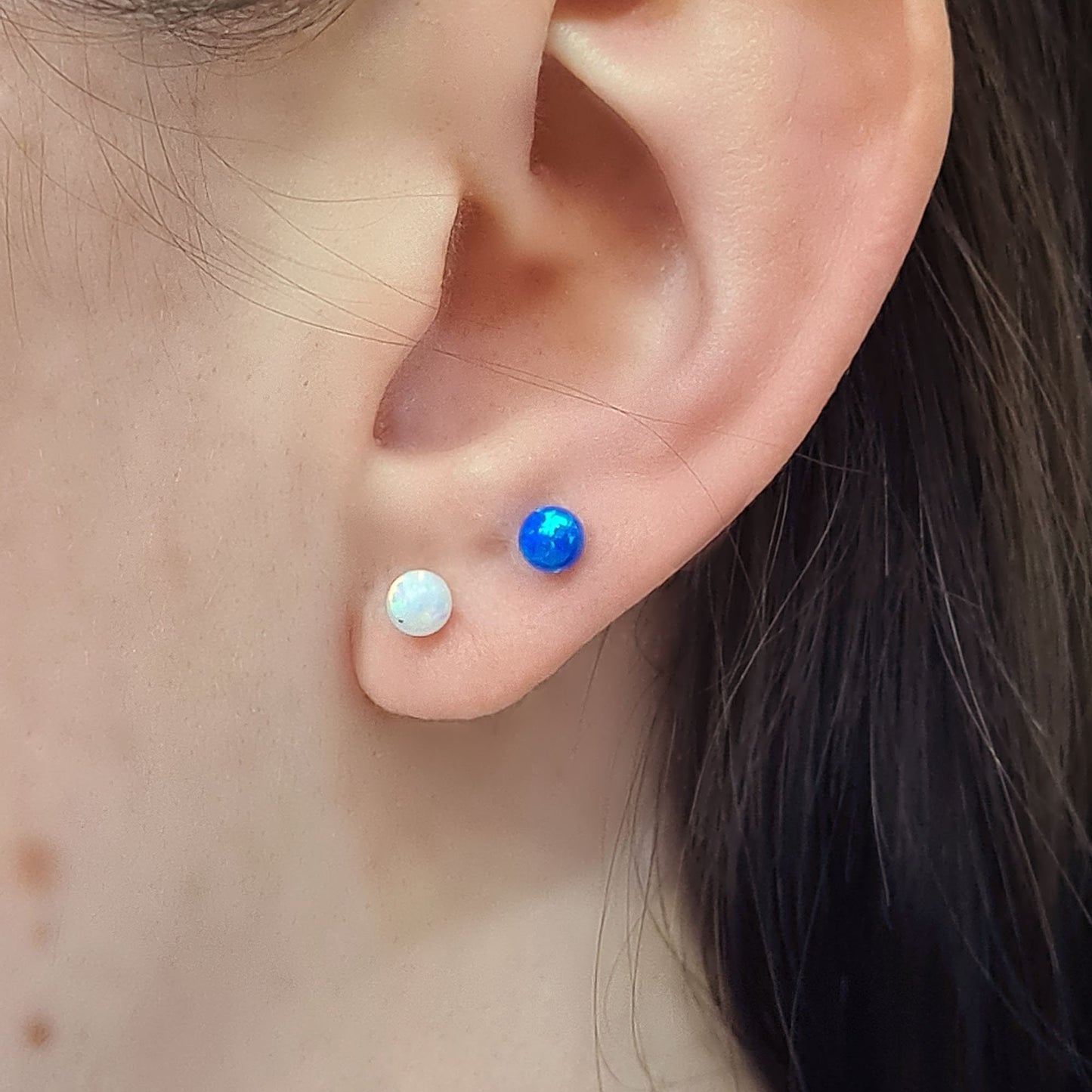 Lab Blue White Opal 6mm Ball Screw Back Sterling Silver Stud Earrings