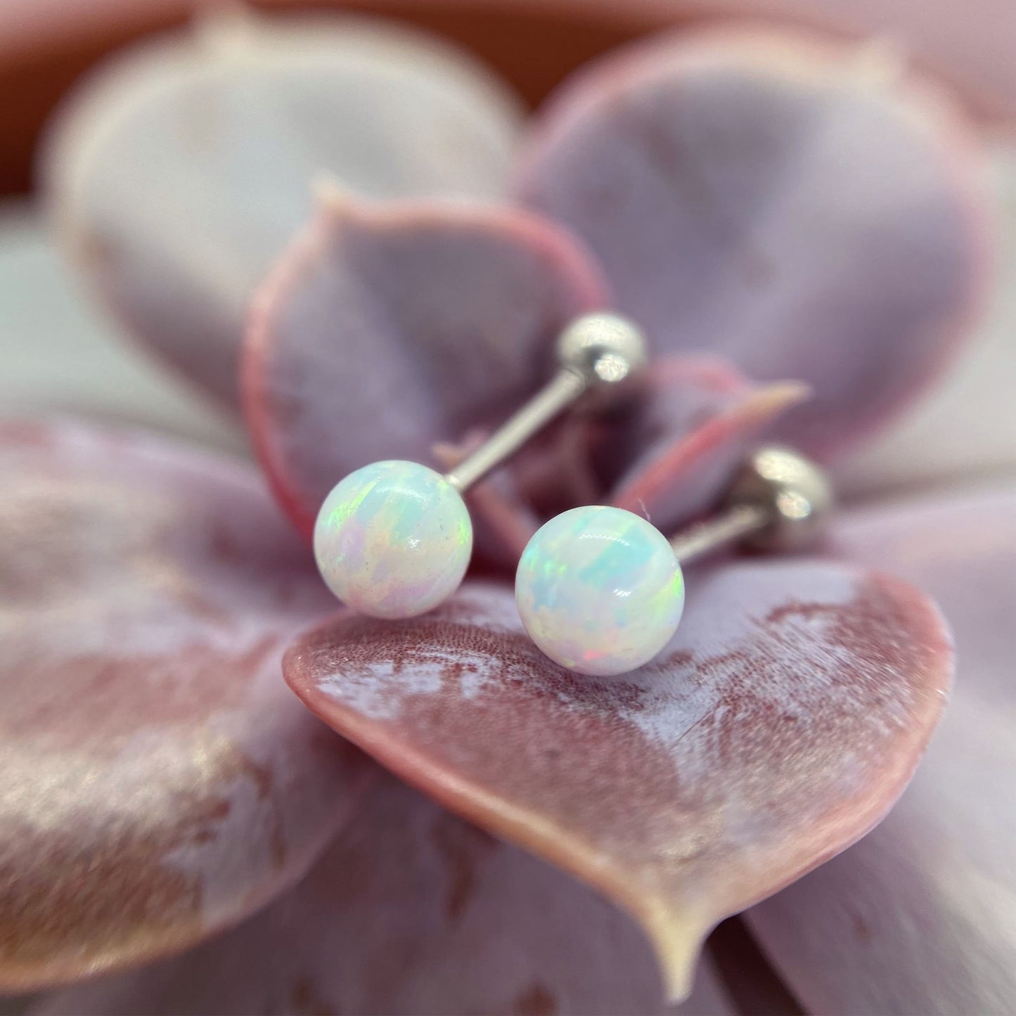 Lab Blue White Opal 6mm Ball Screw Back Sterling Silver Stud Earrings