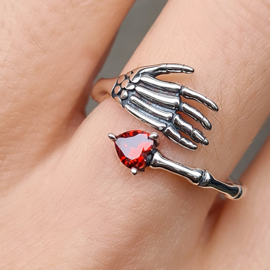 Sterling silver Skelton Bone Fingers Hand Red Heart Halloween Ring Band