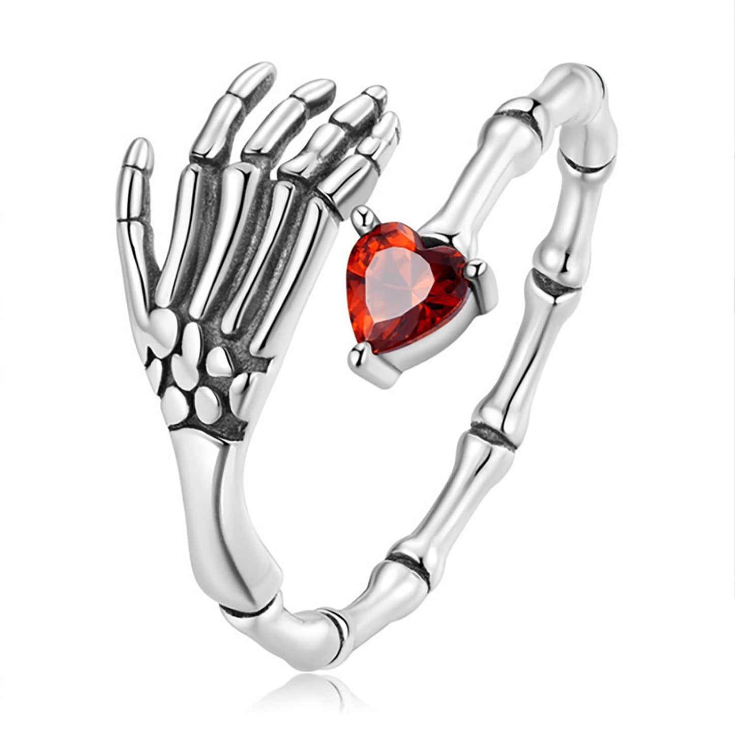 Sterling silver Skelton Bone Fingers Hand Red Heart Halloween Ring Band