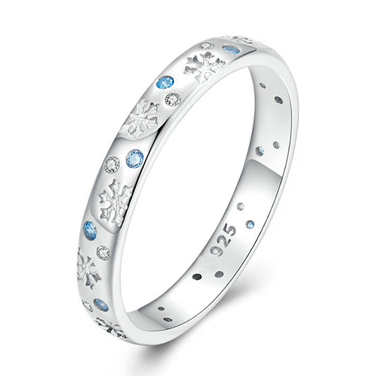 925 Sterling Silver Fine Blue Snowflake Ring Band Winter Frozen Winter Wedding Band