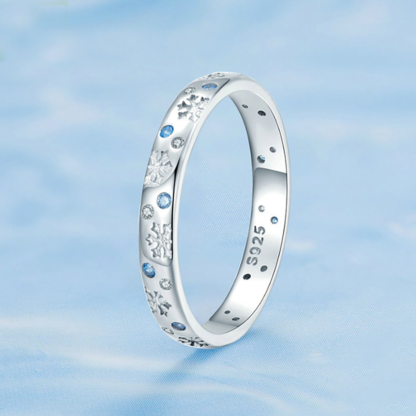 925 Sterling Silver Fine Blue Snowflake Ring Band Winter Frozen Winter Wedding Band