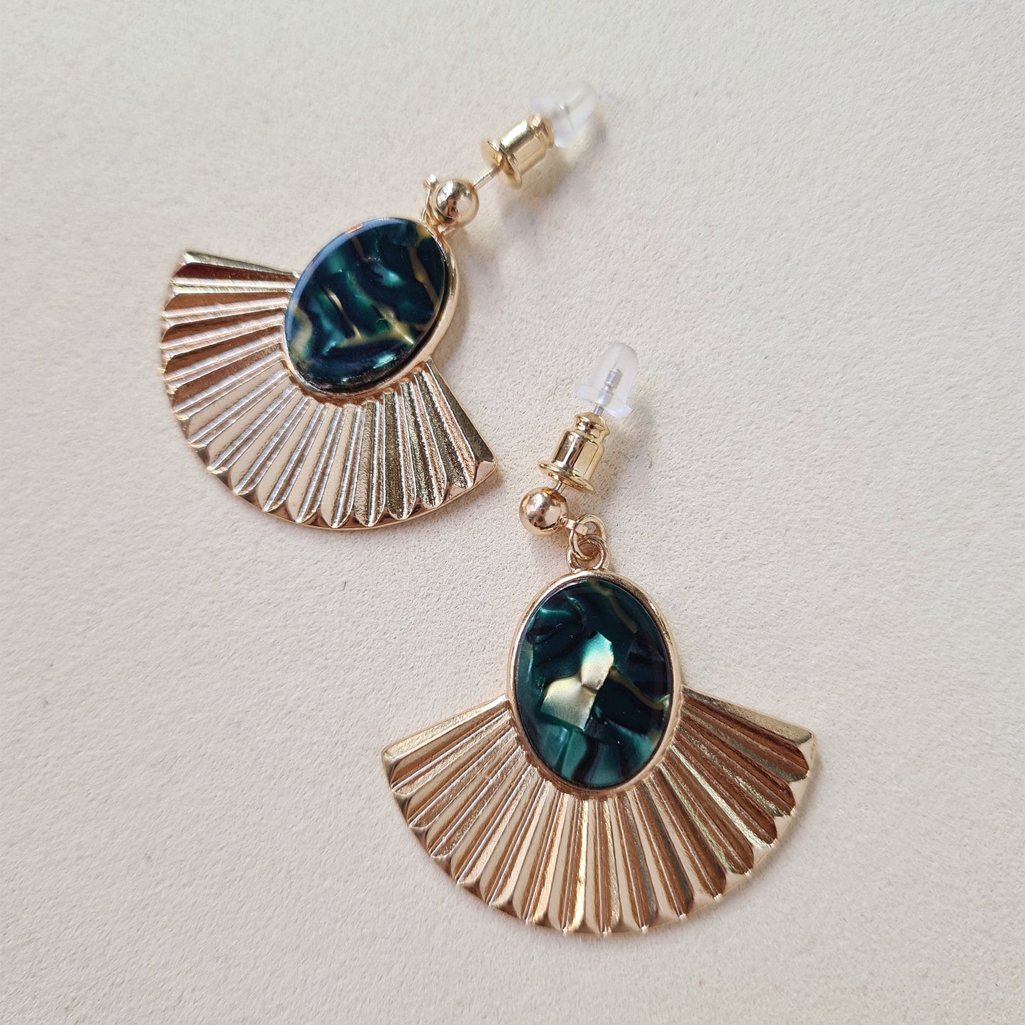 Gold Plated Art Deco Large Statement Fan Green Mother Pearl Shell Drop Earrings for Party and Evening Wear