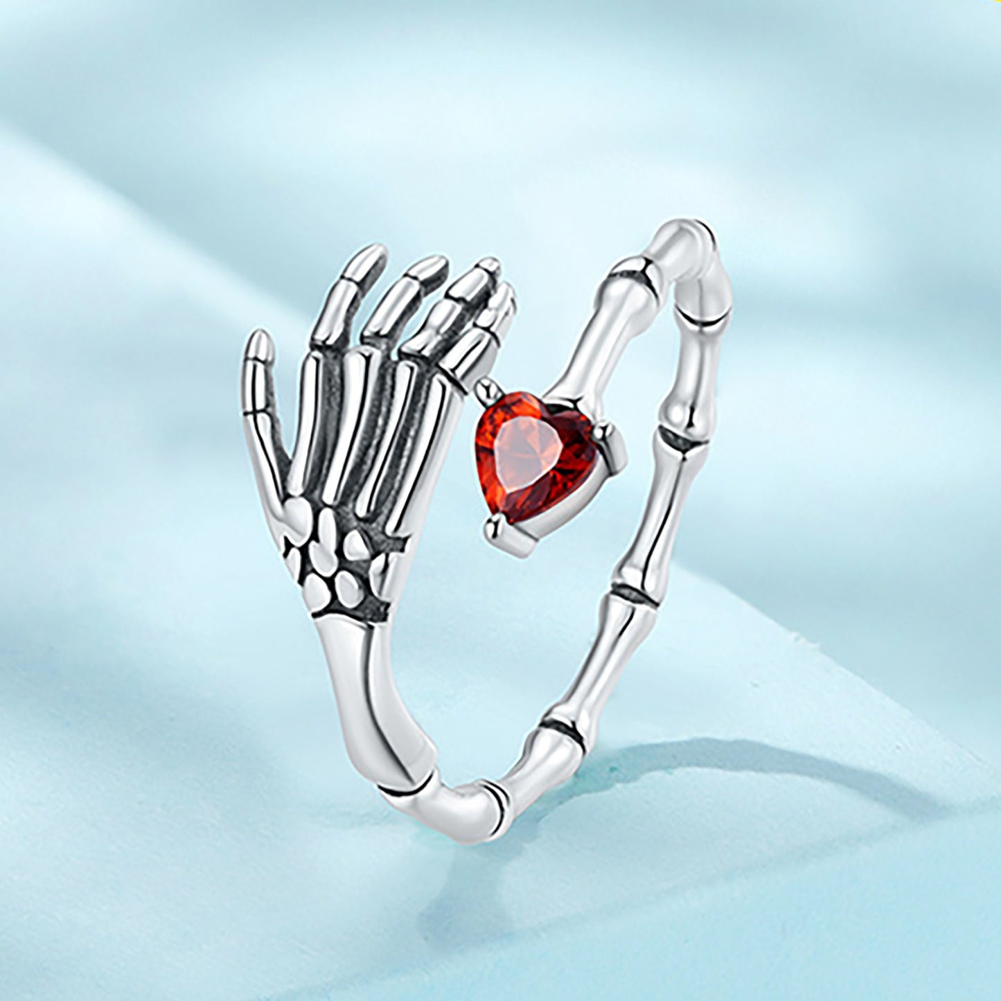 Sterling silver Skelton Bone Fingers Hand Red Heart Halloween Ring Band