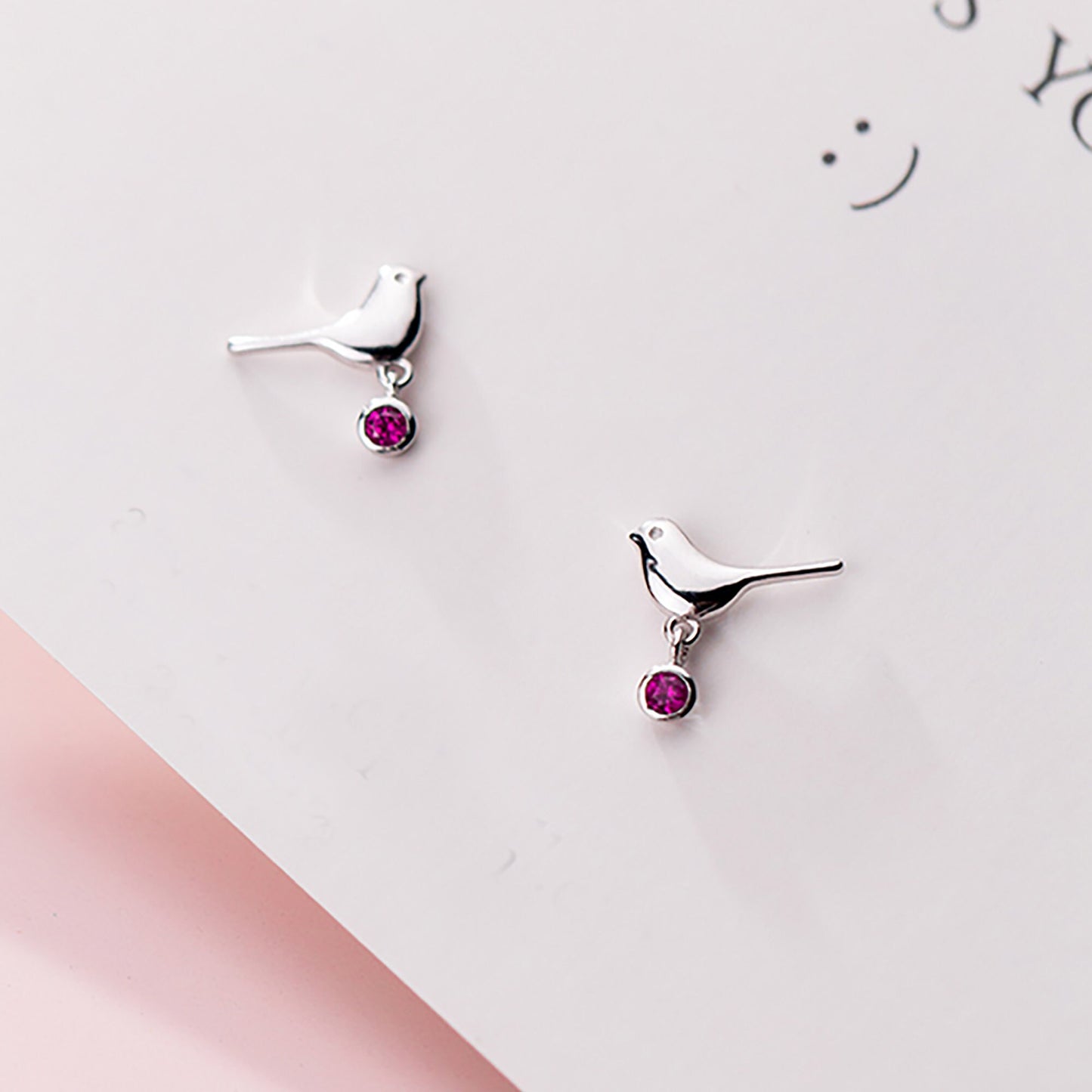 Sterling Silver Bird Drop Stud Earrings with Pink Crystal  Simple Bird Dove Robin Silver Earrings