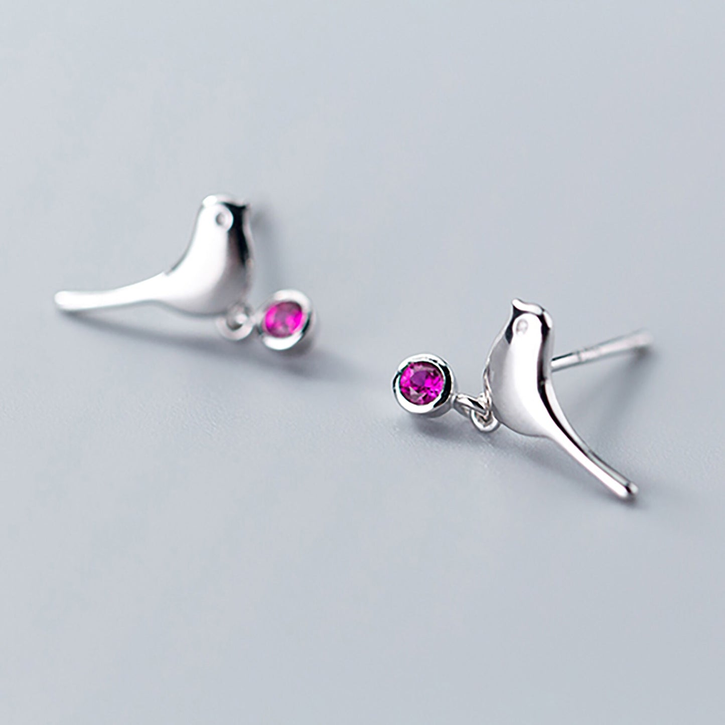 Sterling Silver Bird Drop Stud Earrings with Pink Crystal  Simple Bird Dove Robin Silver Earrings