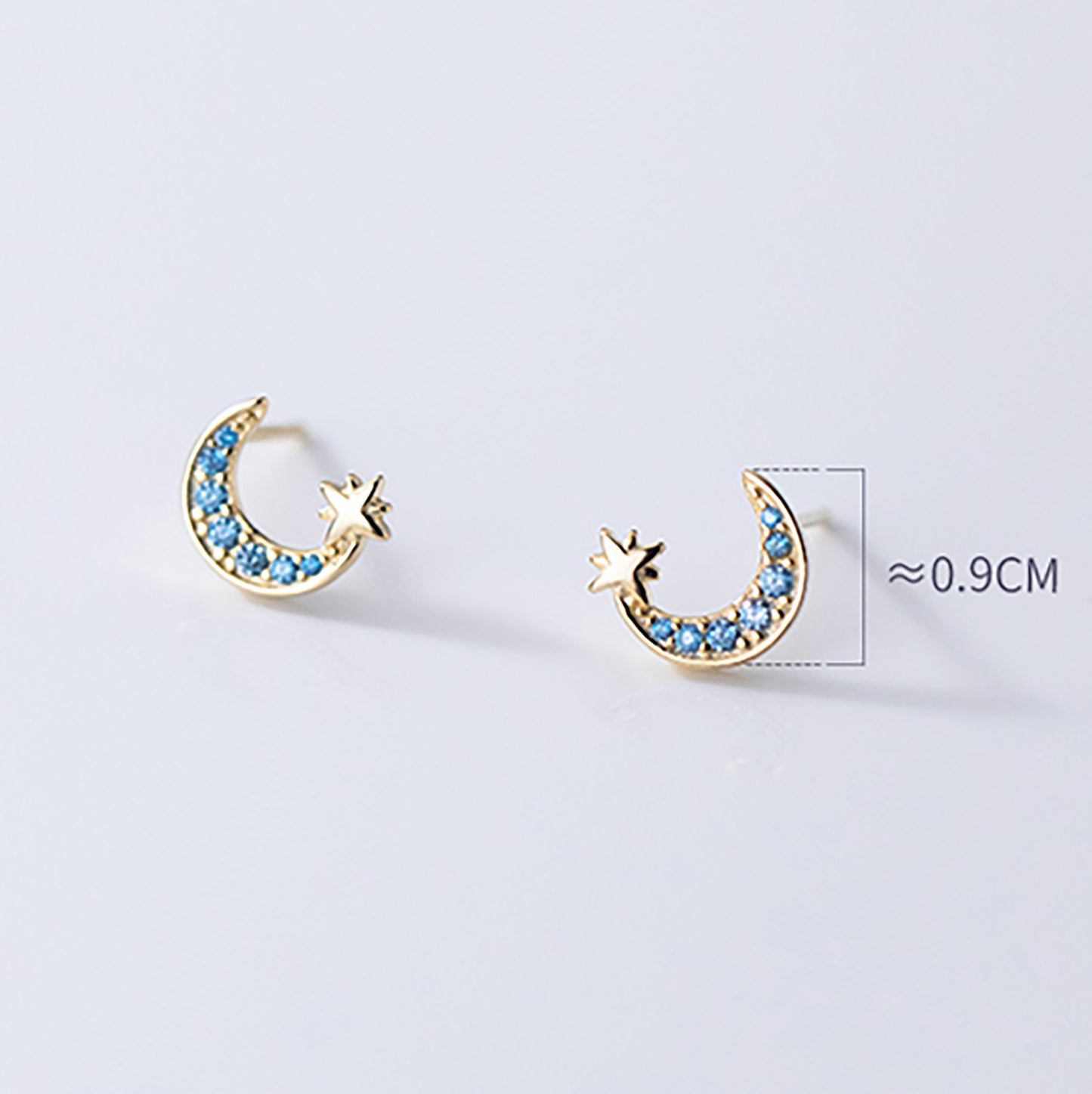 Sterling Silver Gold Plated Crescent Moon Star Stud Earrings With Blue Crystals Blue Night Moon Earrings