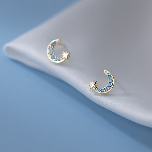 Sterling Silver Gold Plated Crescent Moon Star Stud Earrings With Blue Crystals Blue Night Moon Earrings