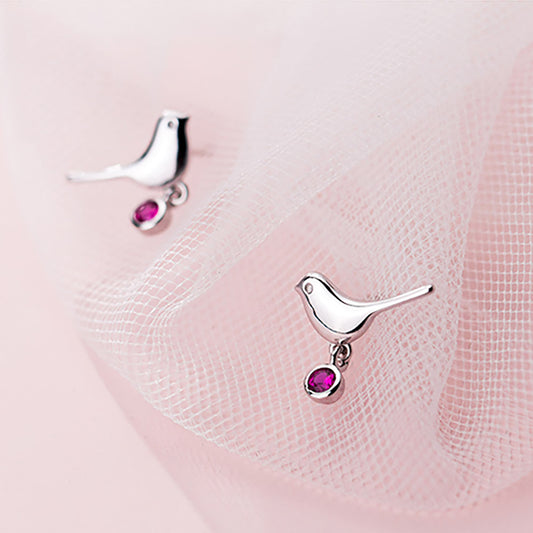 Sterling Silver Bird Drop Stud Earrings with Pink Crystal  Simple Bird Dove Robin Silver Earrings