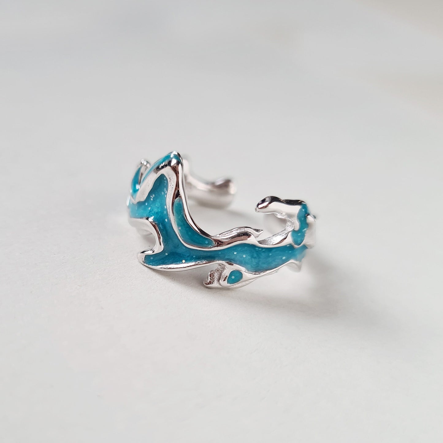 925 Sterling silver Blue Enamel Sea Wave Silver Ring Band Open Adjustable Ring