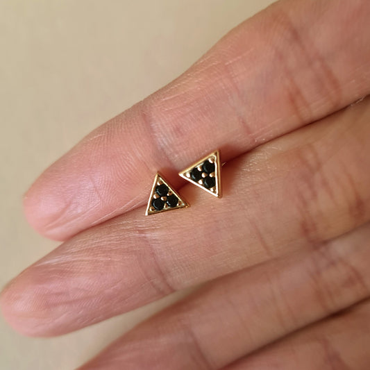 Gold vermeil Sterling Silver Mini Triangle Stud Earrings with Black Lab Crystals